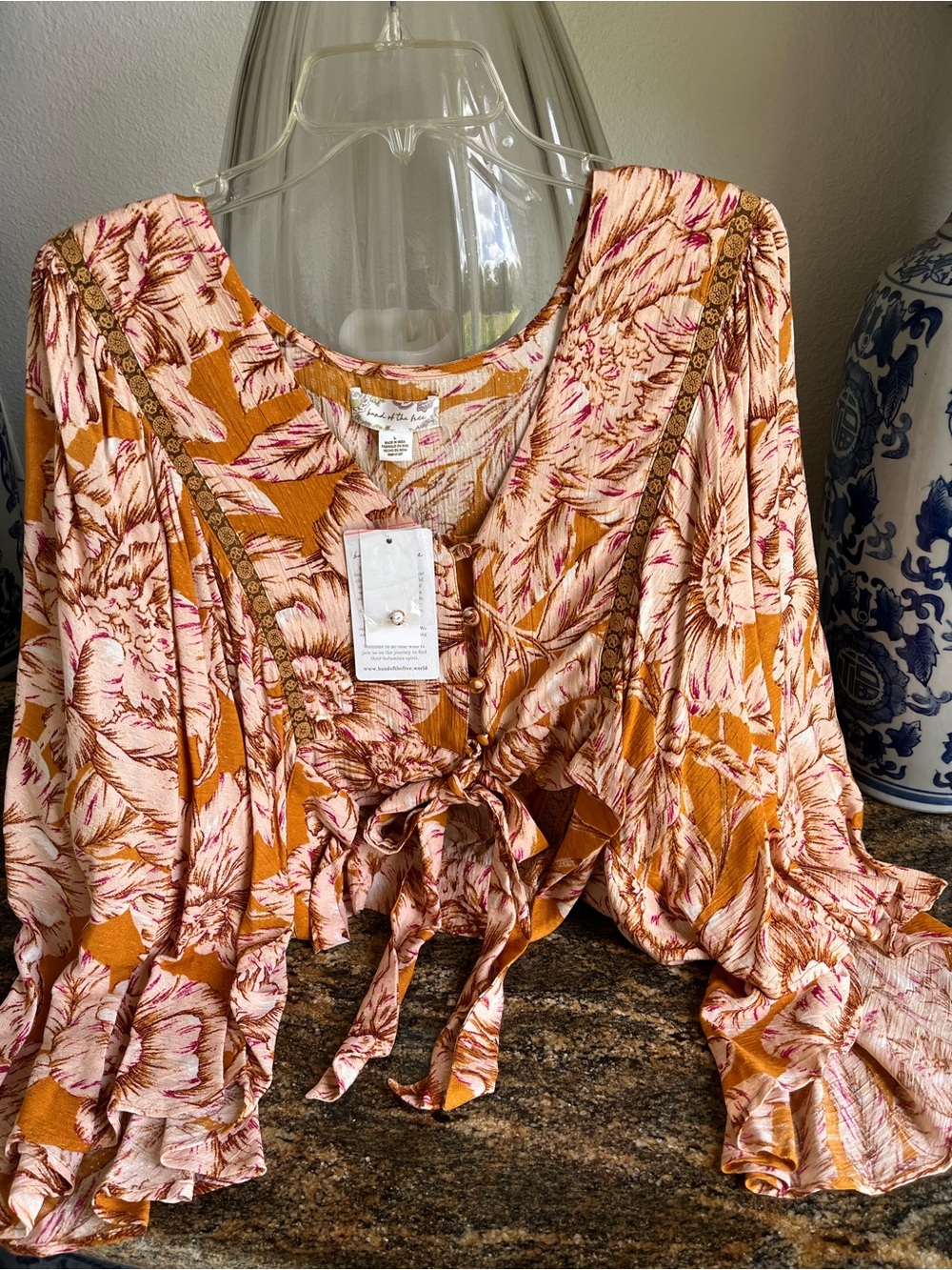 NWT,Boho Tie-Front Blouse in Pink & Mustard, Size Large